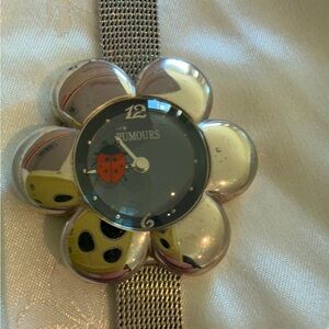 Rumours Ladybug Watch, Silvertone Flower Shaped Case, Metal Bracelet Band